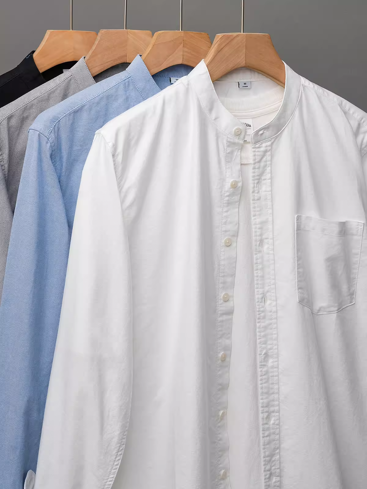 Áo sơ mi Oxford cotton nguyên chất cao cấp dành cho nam, tay dài, kiểu Trung Quốc mới xuân thu 2025, cổ đứng màu trắng, áo khoác cổ tròn.