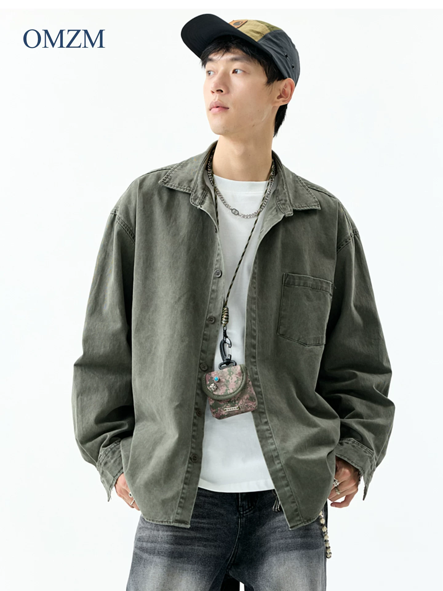 Áo khoác kiểu áo sơ mi hạng nặng OMZM450G, áo sơ mi công sở thu đông bằng cotton nguyên chất, áo sơ mi cổ điển cổ điển cao cấp