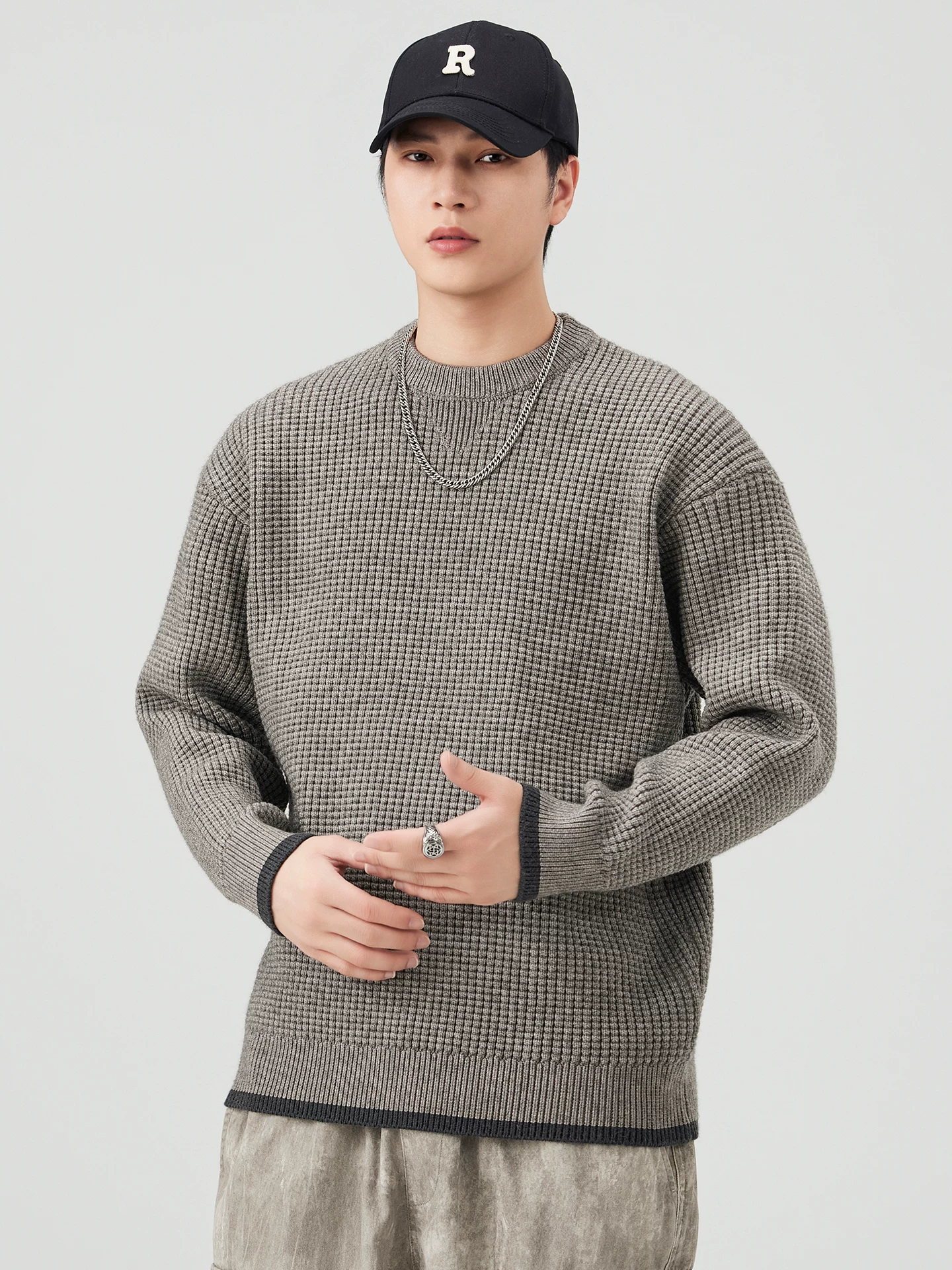 Áo len cổ tròn giả hai mảnh tự sưởi ấm dành cho nam, áo len dệt kim dày dặn ấm áp mùa thu đông, áo len họa tiết quả dứa phong cách lười biếng.