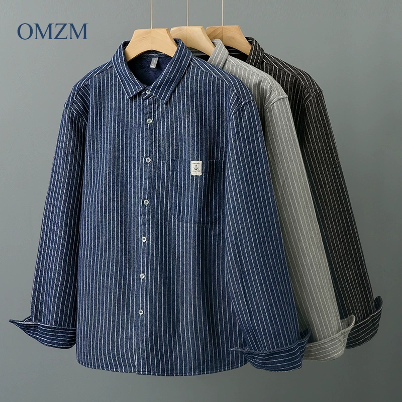 Áo sơ mi sọc lót lông cừu hạng nặng OMZM dành cho nam, dài tay, thu đông, dày dặn, ấm áp, cảm giác cao cấp, áo khoác cotton nguyên chất, dáng rộng.