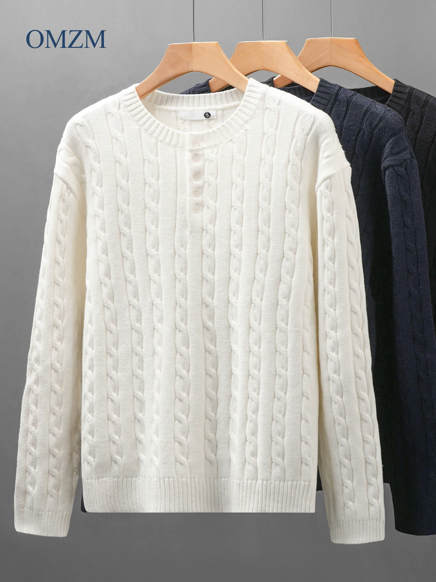 Áo len chất liệu jacquard hạng nặng OMZM dành cho nam, mùa thu đông, kiểu cổ henley màu trơn phong cách retro Mỹ, áo len dáng rộng