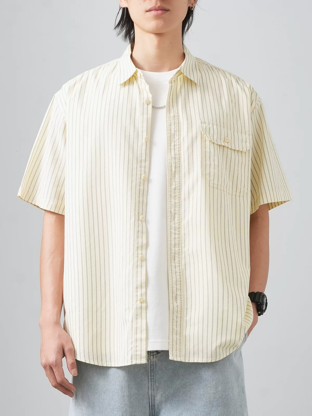 [Sọc dọc] Áo sơ mi cotton nguyên chất hạng nặng kiểu Mỹ dành cho nam, tay ngắn, mùa hè, cao cấp, dáng rộng, áo khoác công sở thông thường