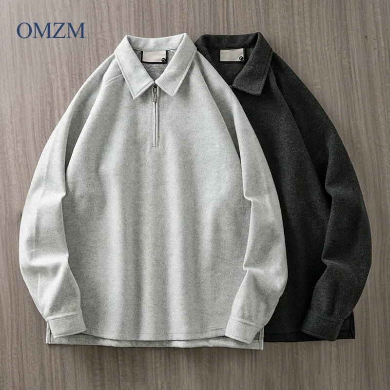 Áo len nửa khóa kéo OMZM dành cho nam, dáng rộng mùa đông, cổ bẻ, áo sơ mi POLO dài tay, áo chui đầu màu trơn ấm áp.