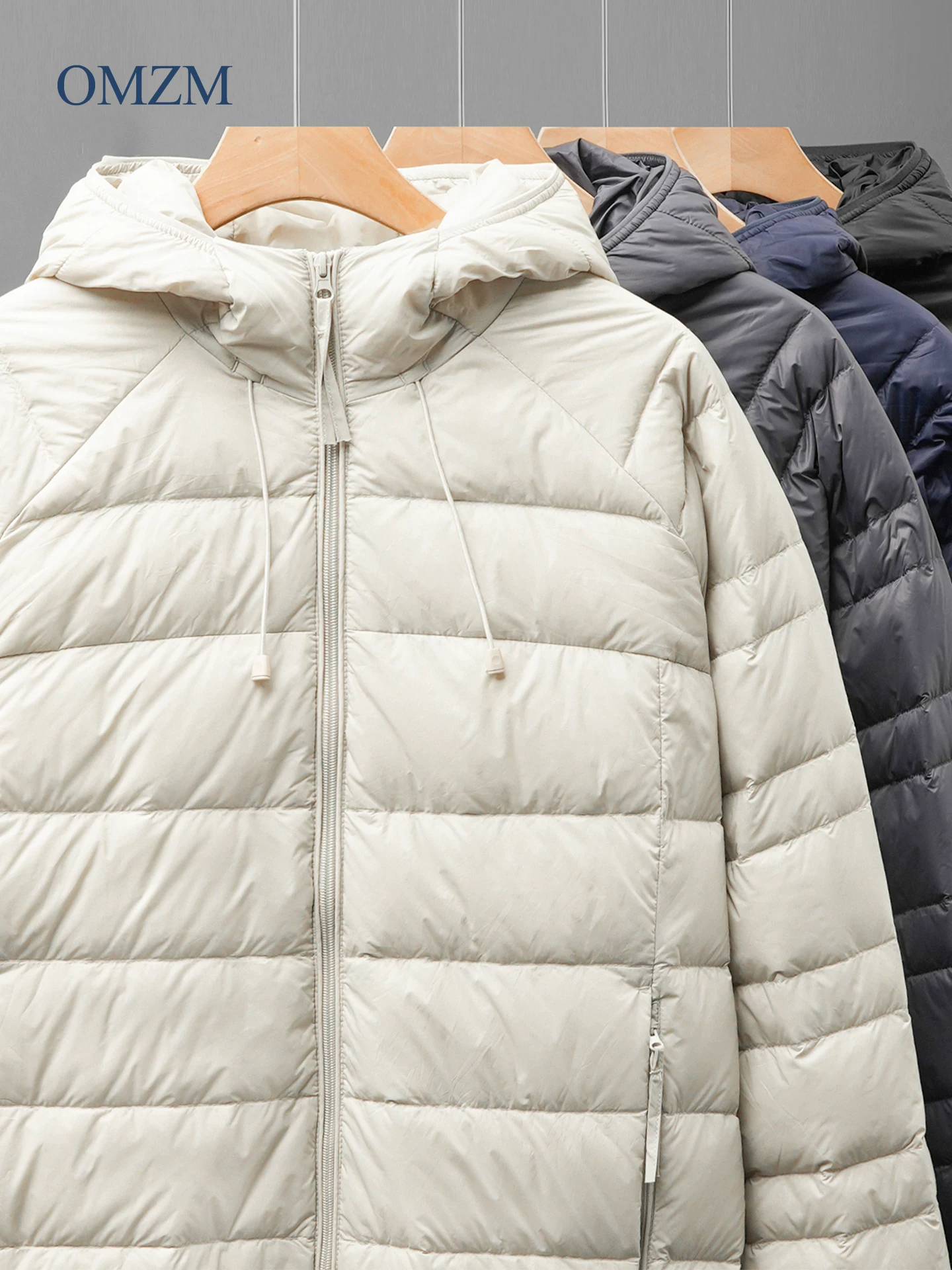 Áo khoác có mũ trùm đầu bằng lông vịt OMZM90 dành cho nam, áo khoác cotton nhẹ ấm áp kiểu dáng rộng rãi mùa đông kiểu Mỹ, áo khoác ấm có gân.