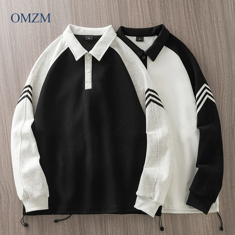 Áo nỉ có cổ hạng nặng OMZM dành cho nam, áo sơ mi POLO tay raglan phối màu xuân thu, áo khoác dài tay ba sọc phối màu phong cách Mỹ