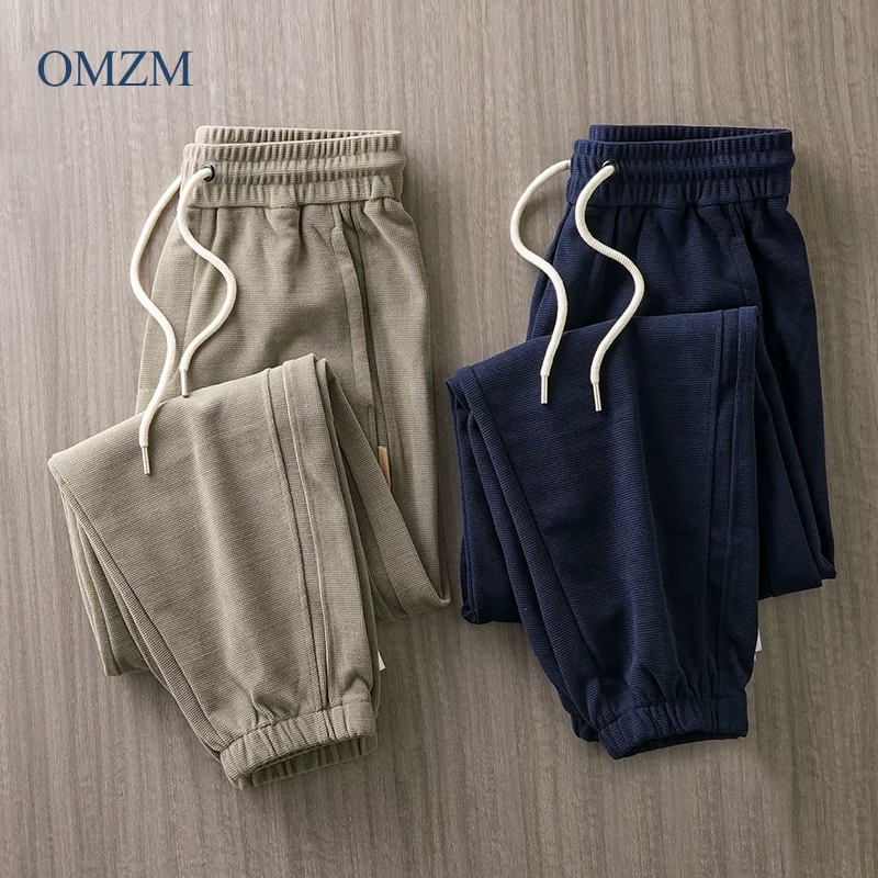 Quần thể thao họa tiết kẻ sọc hạng nặng OMZM dành cho nam, quần jogger dày dặn ấm áp mùa thu đông, quần thể thao thường ngày không nhăn