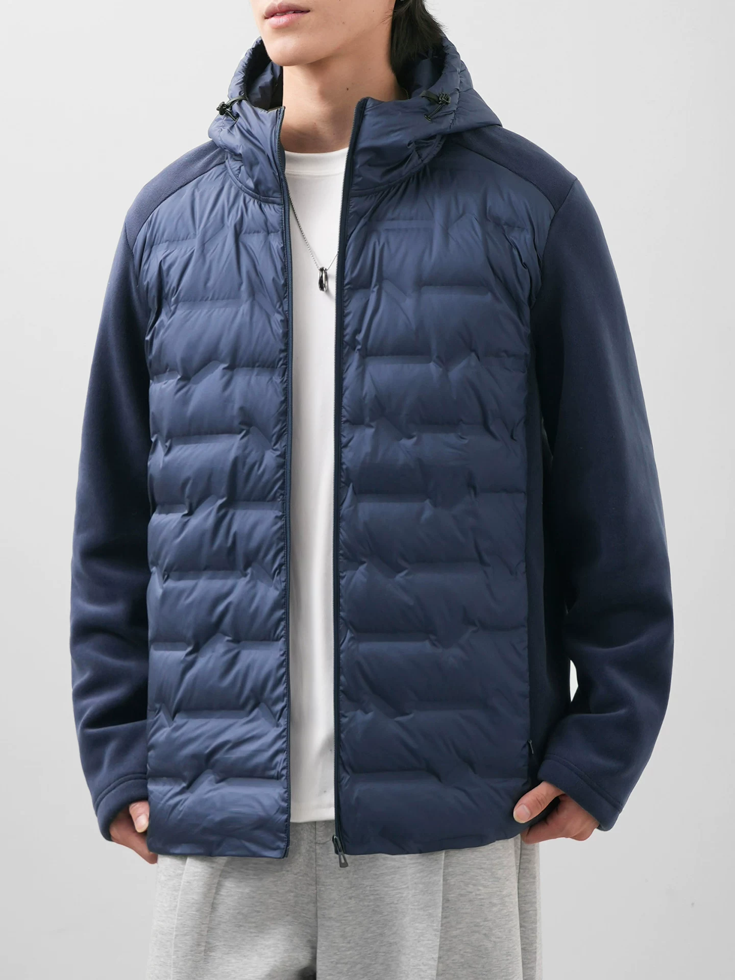 OMZM90 áo khoác lông vịt trắng nam mùa đông chắp vá lông cừu cực ấm áp áo khoác lông cừu nhẹ có mũ trùm đầu