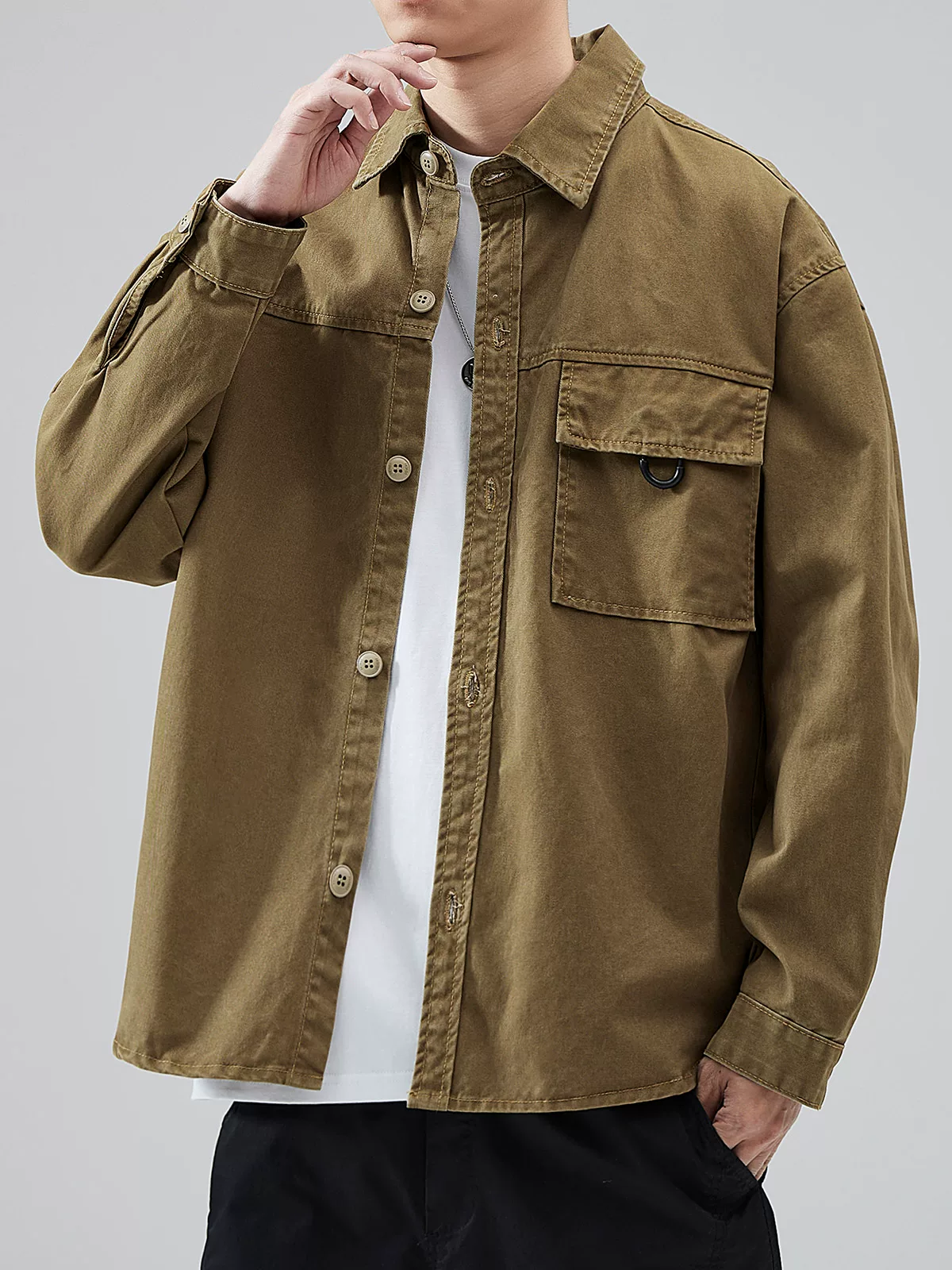 Áo khoác denim có túi bằng vải cotton nguyên chất hạng nặng OMZM dành cho nam, áo khoác kiểu cổ điển kiểu Mỹ cao cấp mùa xuân và mùa thu kiểu áo sơ mi cổ điển hợp thời trang