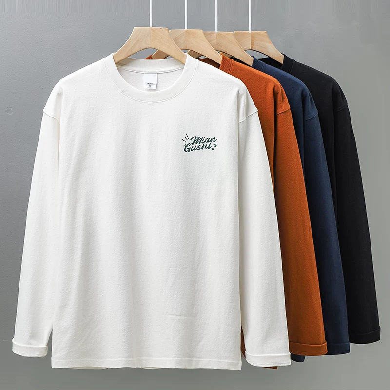 OMZM Áo thun dài tay hạng nặng 400g phong cách Mỹ dành cho nam, áo sơ mi cotton nguyên chất in thương hiệu hợp thời trang mùa xuân thu, áo len cổ tròn màu trắng