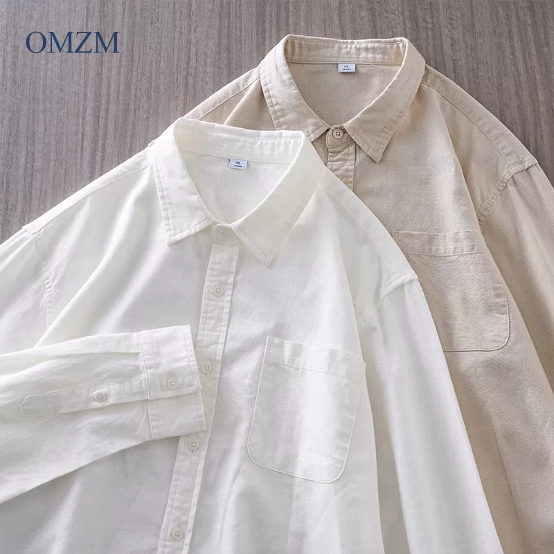Áo sơ mi dài tay bằng vải lanh OMZM dành cho nam, áo sơ mi vải lanh cotton màu trắng mùa xuân thu, trang phục công sở cao cấp, áo khoác sơ mi có ve áo rộng