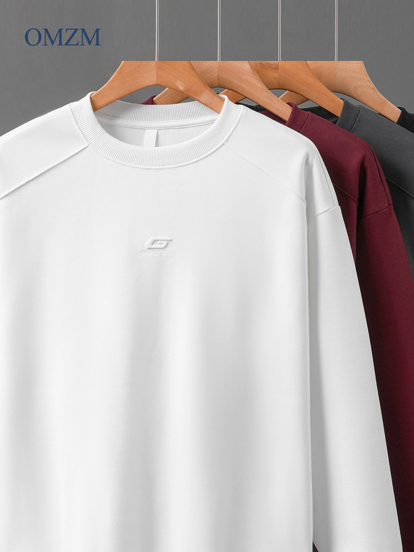 Áo nỉ cổ tròn thêu nặng OMZM dành cho nam, thiết kế mùa thu, áo khoác dài tay chắp vá được thiết kế lại, áo sơ mi không mũ trùm đầu