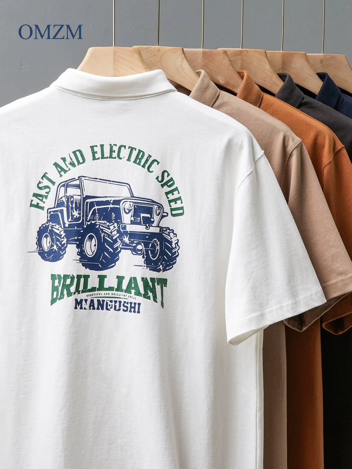 OMZM320G Áo sơ mi POLO cotton nguyên chất hạng nặng ngắn tay mùa hè dành cho nam giới đi xe địa hình in hình nửa tay áo lỏng lẻo có cổ nửa tay