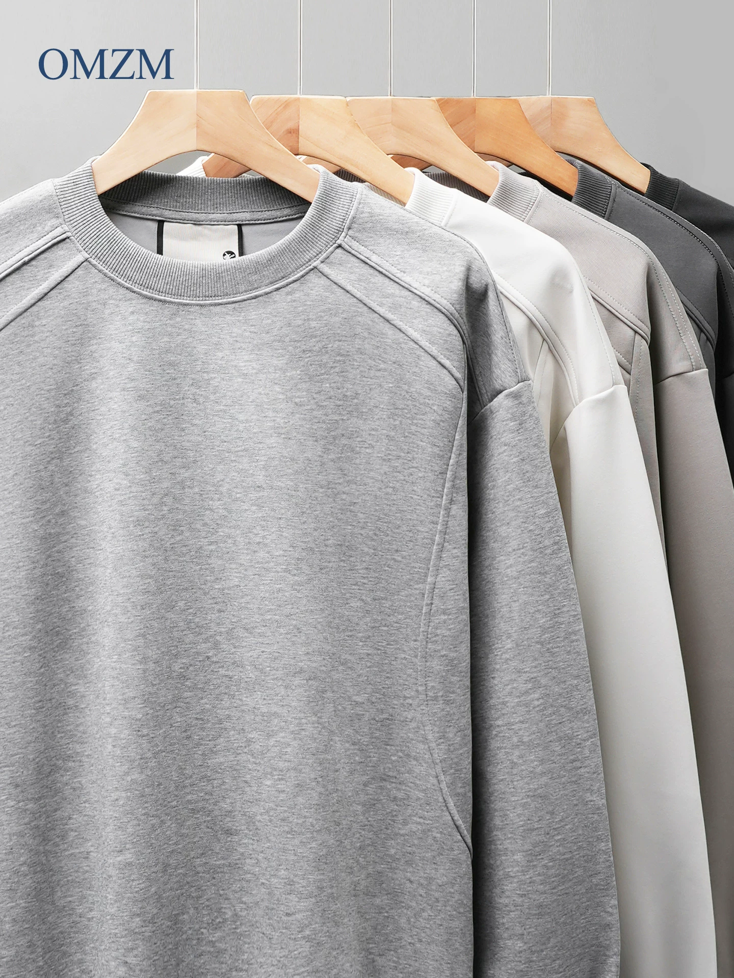 Áo thun cotton hạng nặng OMZM300G dành cho nam, áo sơ mi dài tay chắp vá phong cách Mỹ mùa thu, áo sơ mi mùa thu cổ tròn lớp trong