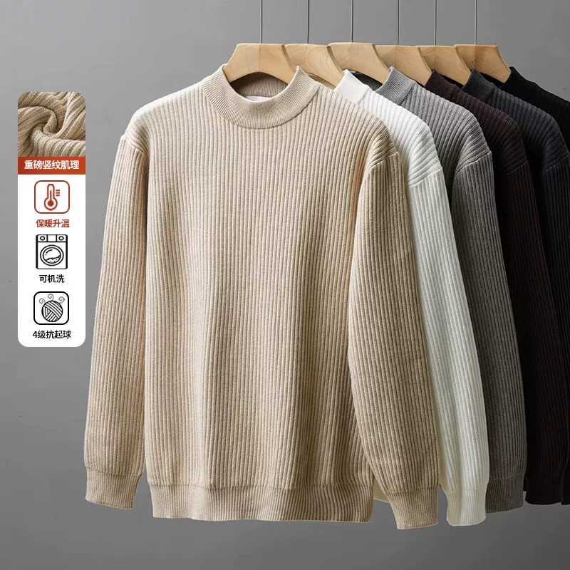Áo len cổ lọ sọc dọc OMZM dành cho nam, áo len dệt kim chống xù mới mùa đông 2024, áo len lớp trong ấm áp.