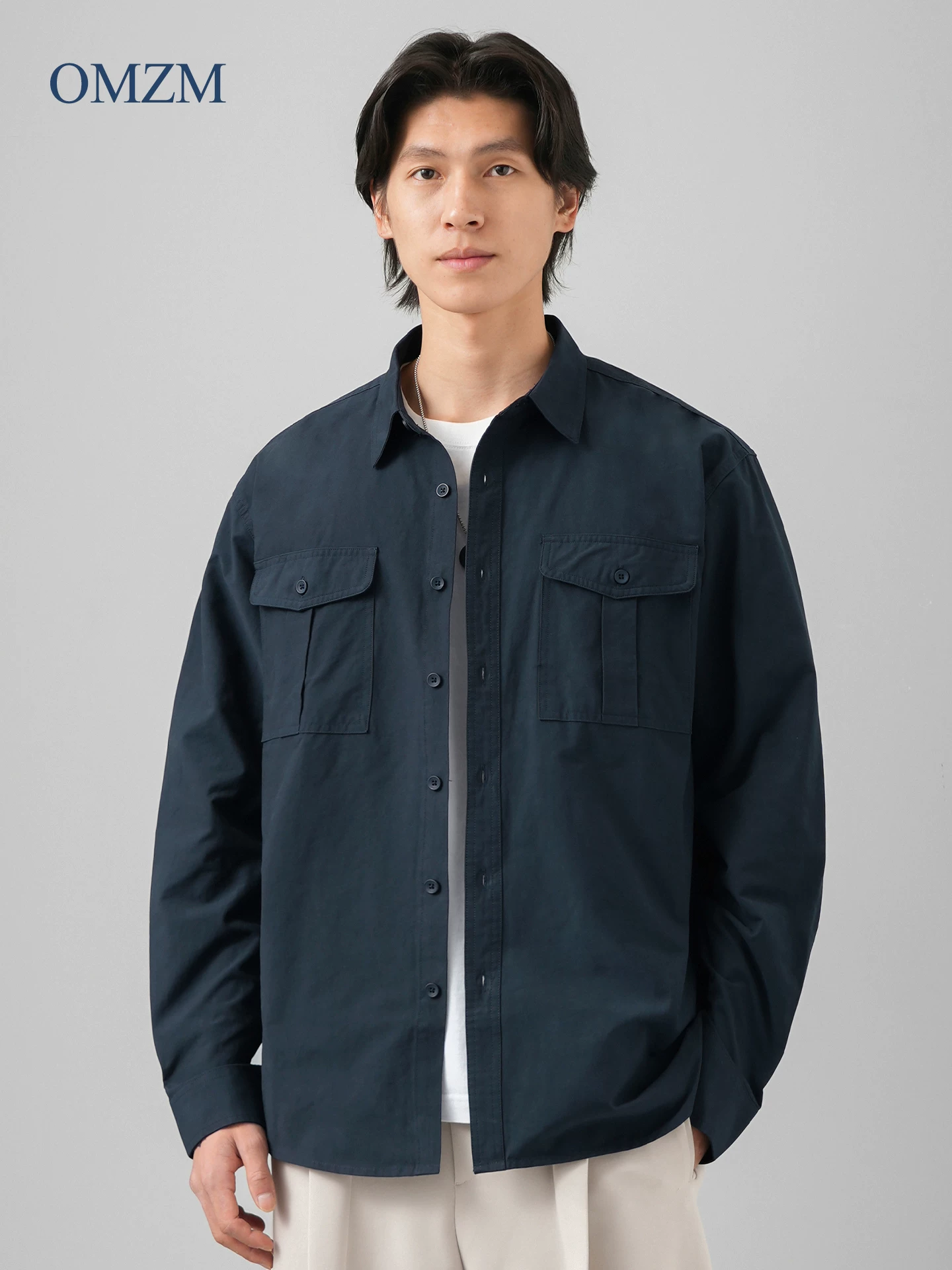 Áo sơ mi dài tay bằng cotton nguyên chất OMZM dành cho nam, áo khoác sơ mi công sở dáng rộng phong cách Nhật Bản mùa thu phong cách Hồng Kông, phong cách cổ điển hợp thời trang