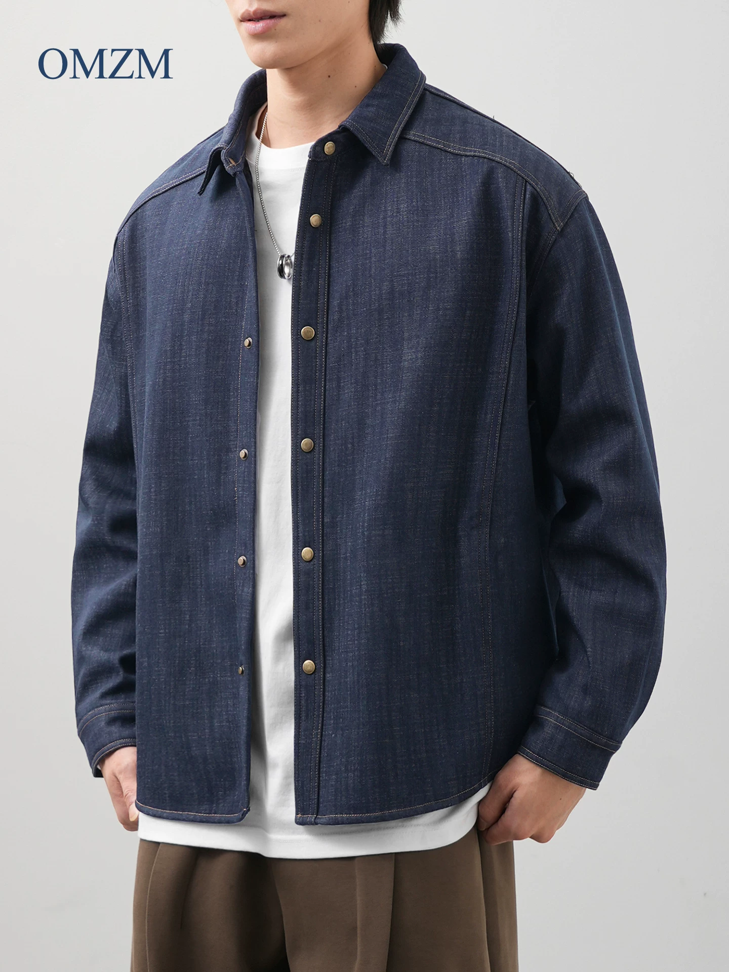 Áo sơ mi lót lông giả denim OMZM dành cho nam, áo sơ mi họa tiết tre dày dặn ấm áp mùa đông, áo khoác bảo hộ lao động cổ điển phong cách Hồng Kông
