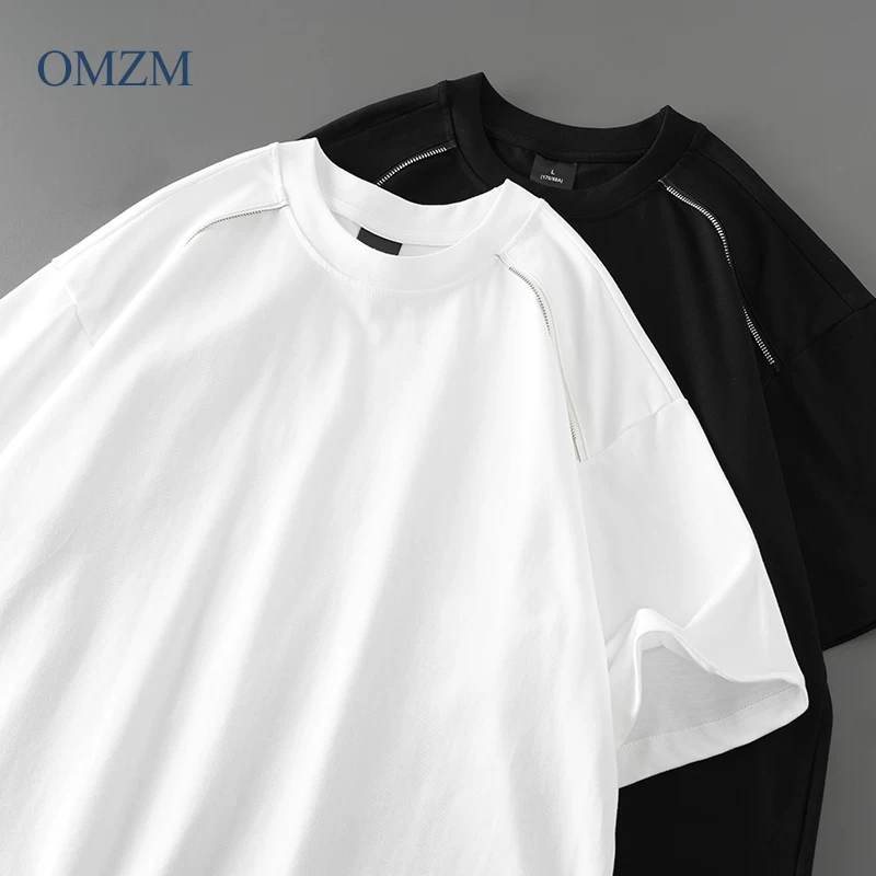 OMZM300G Áo thun cotton nguyên chất hạng nặng sợi đôi nam ngắn tay mùa hè kiểu Mỹ áo thun cổ tròn dáng rộng màu trắng tinh khiết nửa tay