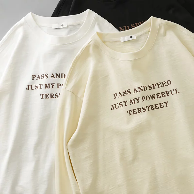 Áo thun dài tay chất liệu cotton tre dày 300G kiểu Mỹ dành cho nam, áo thun in chữ cổ điển mùa xuân thu, kiểu dáng rộng rãi