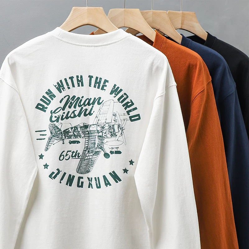 OMZM Áo thun dài tay hạng nặng 400g phong cách Mỹ dành cho nam, áo sơ mi cotton nguyên chất in thương hiệu hợp thời trang mùa xuân thu, áo len cổ tròn màu trắng