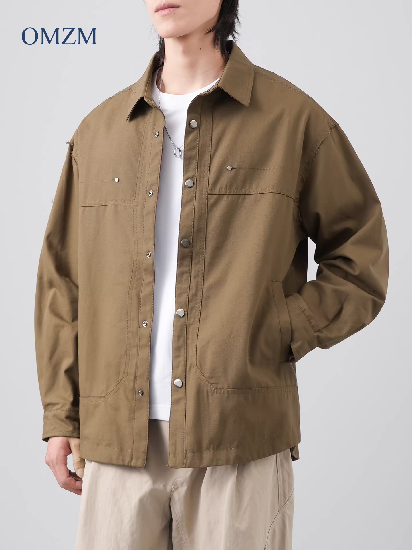 Áo khoác kiểu Mỹ OMZM, áo khoác công nhân dành cho nam, thu đông 2025, tay dài, cao cấp, màu trơn, có cổ.