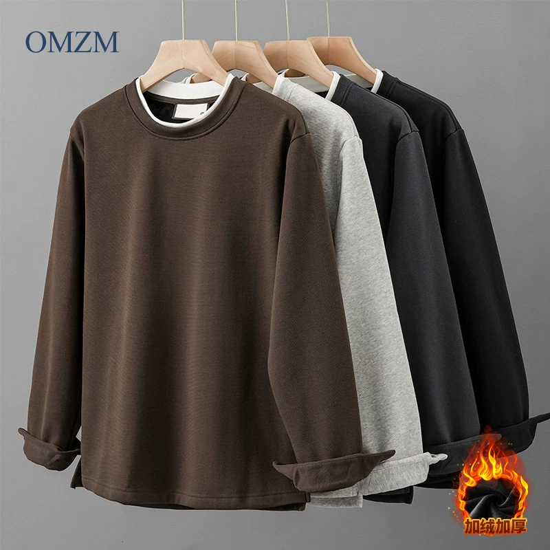 Áo nỉ nam OMZM dày dặn, lót lông, kiểu dáng hai lớp giả, mùa đông 2024, dày dặn, ấm áp, cổ tròn, áo lót