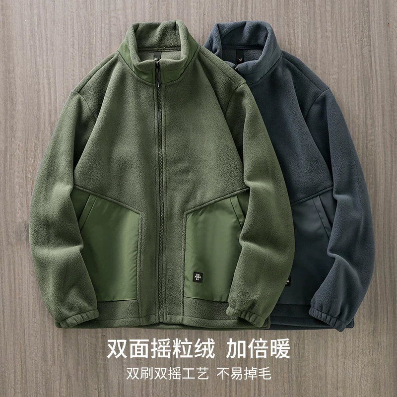 Áo khoác nỉ hai lớp OMZM dành cho nam mùa đông 2024, dày dặn, ấm áp, dáng rộng, màu trơn, cổ đứng