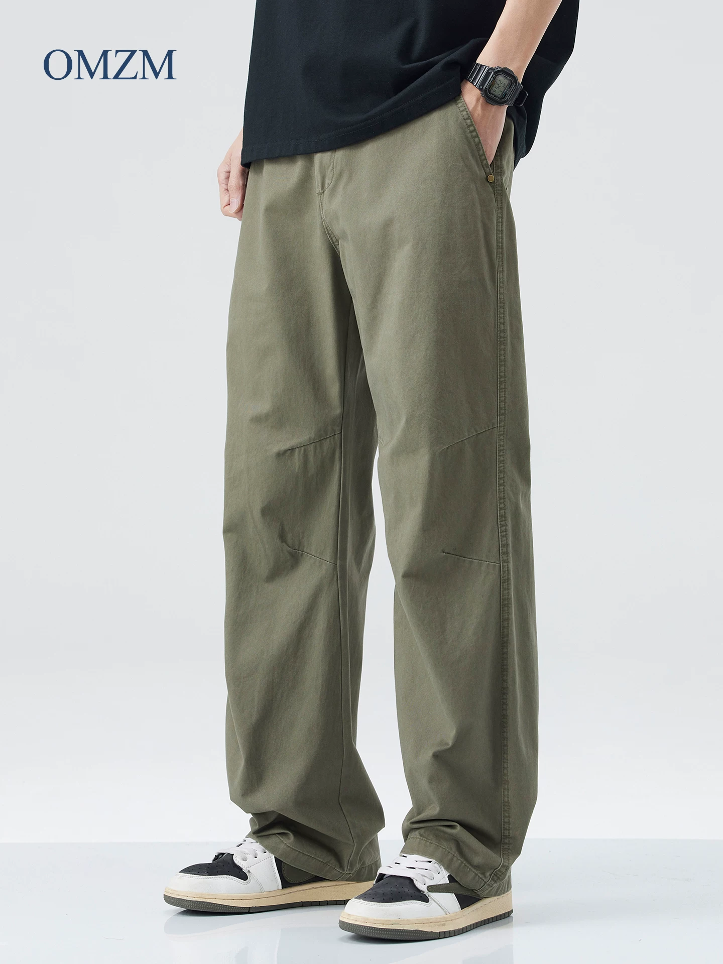 Quần cargo cotton nguyên chất kiểu Mỹ OMZM dành cho nam, quần ống rộng dáng rộng mỏng nhanh khô mùa hè, quần kaki phong cách retro giản dị