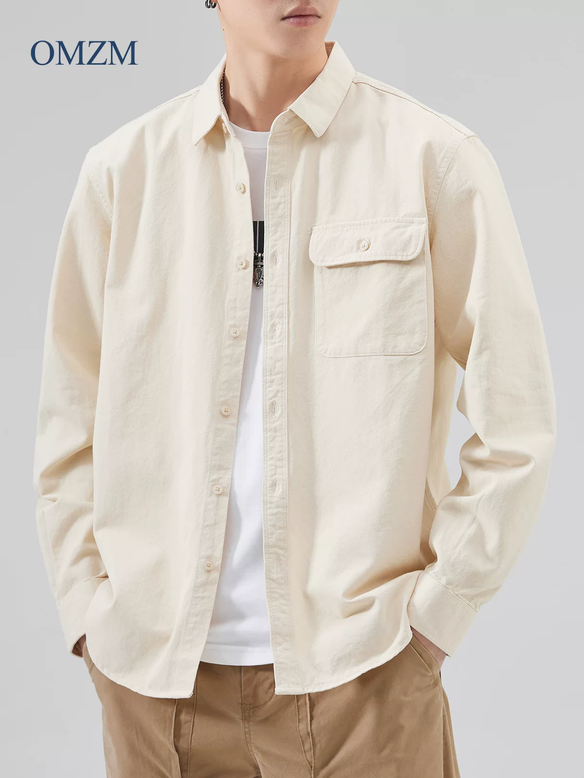 Áo khoác sơ mi nam chất liệu cotton 100% cao cấp 400G, mùa thu 2024, màu xanh dương, kiểu dáng Mỹ, phong cách casual