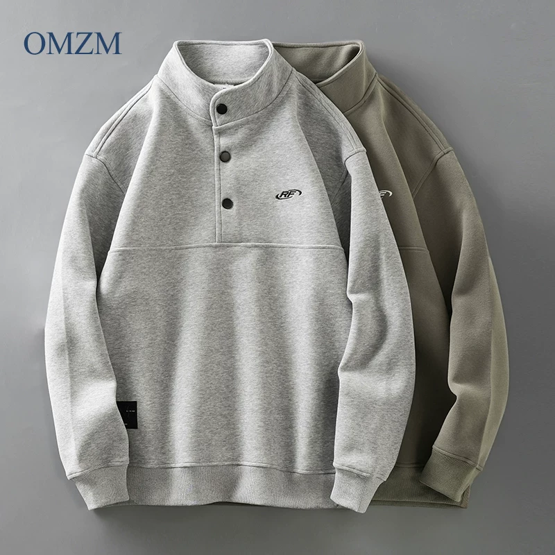 Áo nỉ nửa khóa kéo hạng nặng OMZM420G dành cho nam, phong cách xuân thu, áo chui đầu cổ đứng thêu, áo khoác dài tay cổ điển kiểu Mỹ