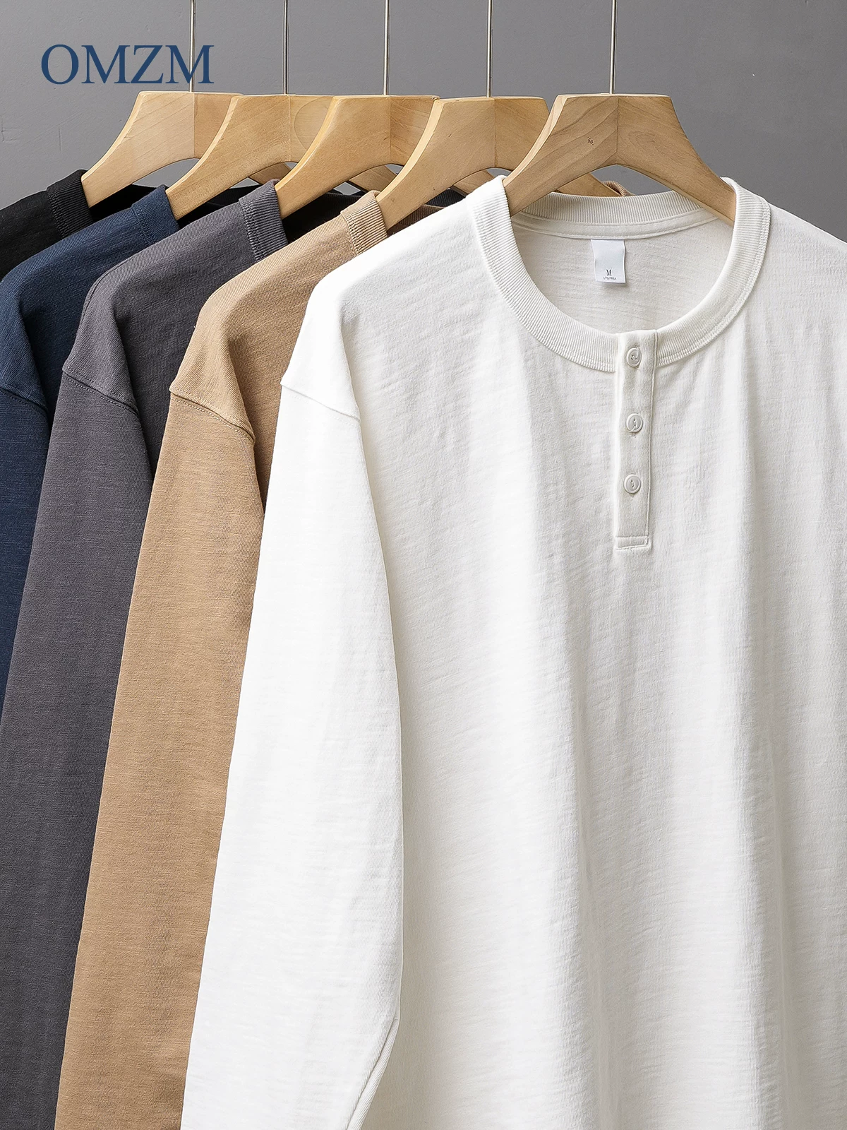 Áo thun nam cổ henley chất liệu cotton nguyên chất 400g, tay dài, kiểu Mỹ, phong cách mạnh mẽ, thích hợp cho mùa xuân và mùa thu, áo thun cơ bản được may ba đường chỉ.