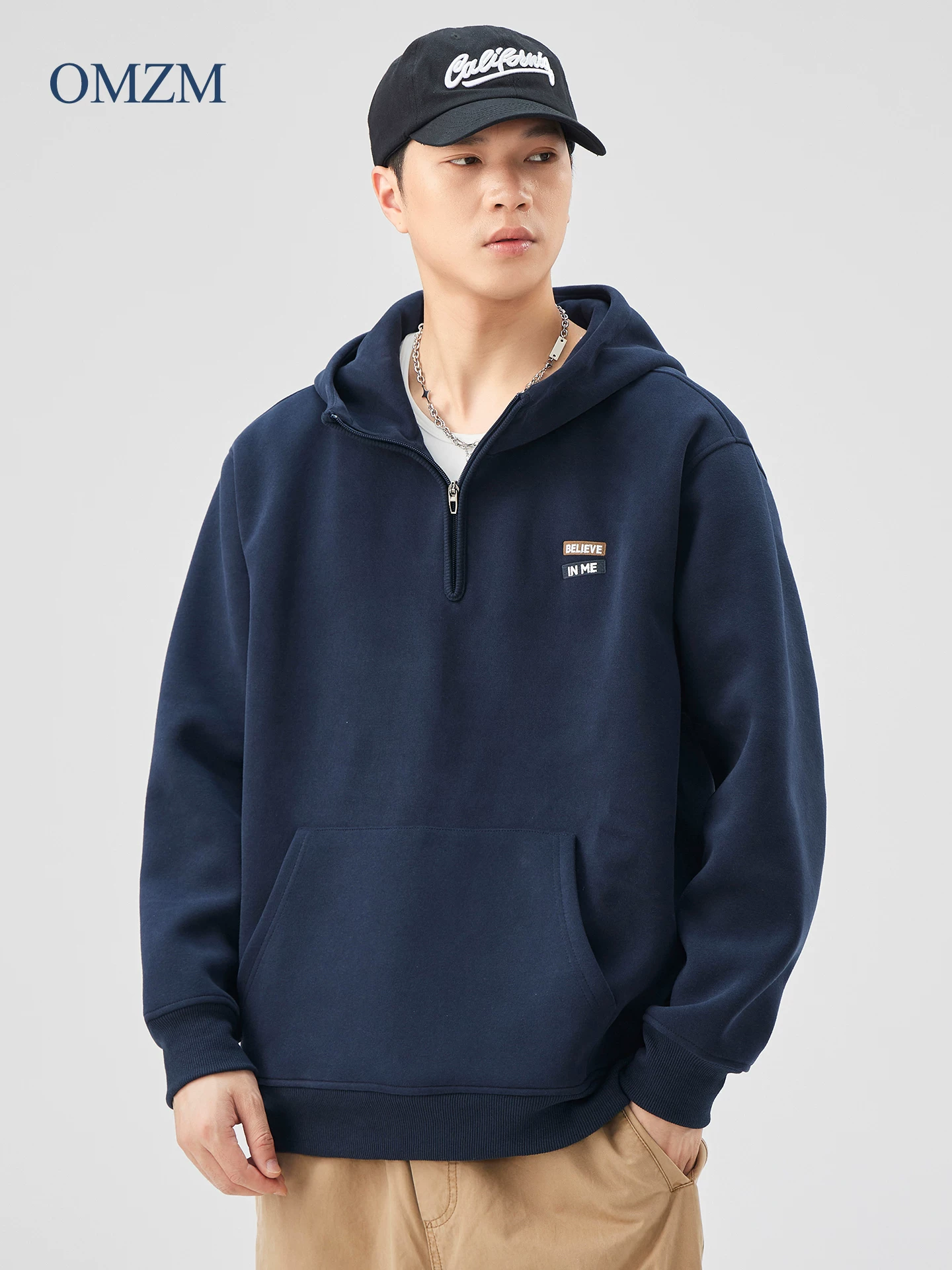 Áo hoodie nửa khóa kéo OMZM dành cho nam, mùa thu đông, áo hoodie in chữ nặng 420G, áo khoác cặp đôi rộng rãi