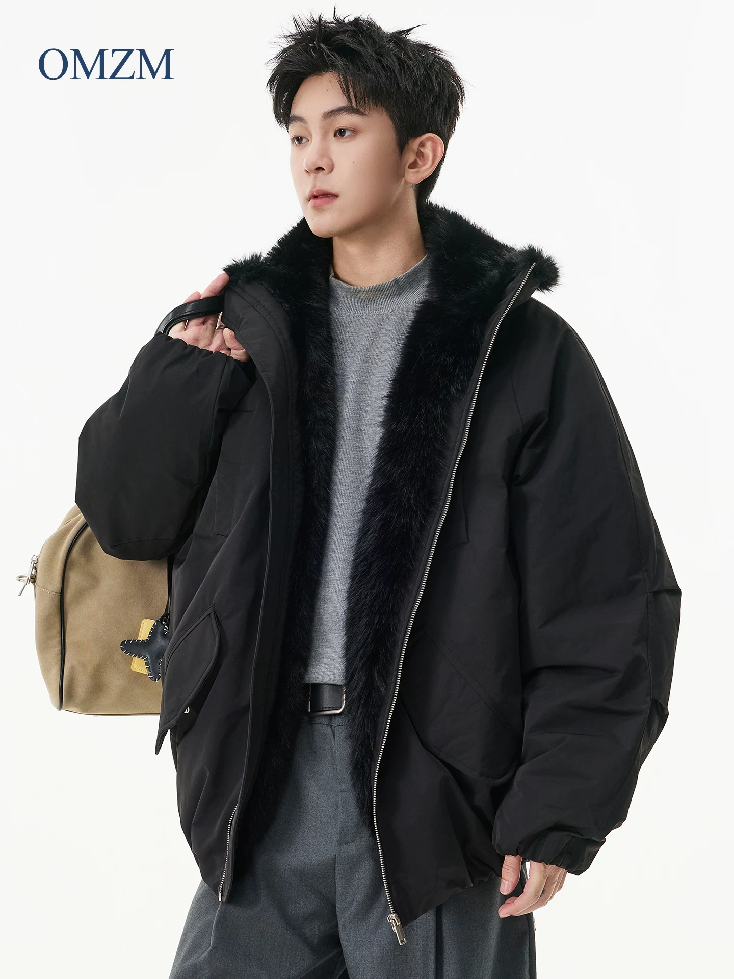 Áo khoác cotton dày dặn mùa đông kiểu Mỹ cổ điển dành cho nam OMZM có mũ trùm đầu và cổ lông, áo khoác công sở cỡ lớn