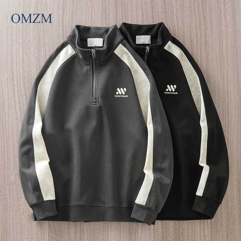 Áo nỉ nửa khóa kéo hạng nặng OMZM360G dành cho nam, áo chui đầu tay raglan phối màu mùa xuân, áo khoác thêu cổ đứng rộng rãi