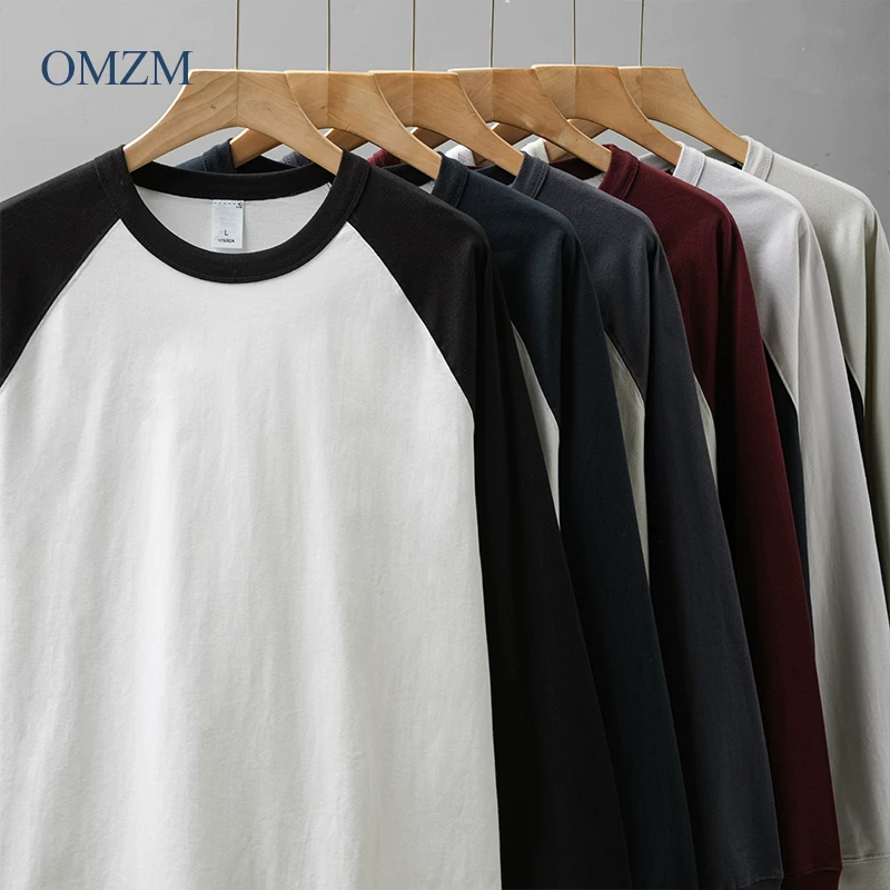 Áo thun dài tay tay raglan dày dặn 230G ba kim dành cho nam, áo sơ mi cotton thuần chất mùa thu, áo nỉ cổ tròn phong cách retro Mỹ.