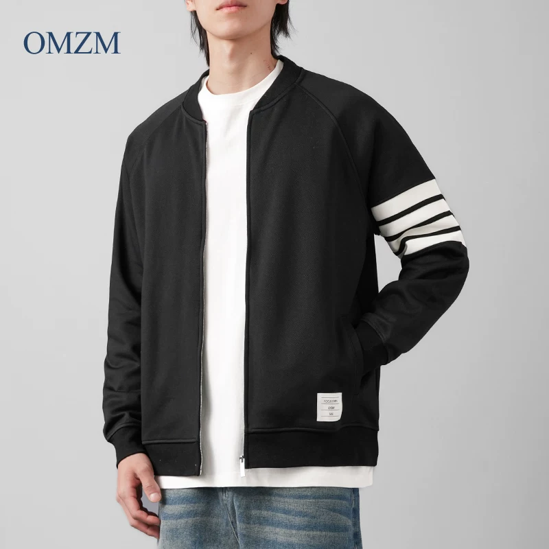 Áo khoác cardigan sọc kiểu Mỹ OMZM dành cho nam, áo khoác bóng chày cổ đứng dáng rộng mùa thu đông có ba sọc, áo khoác nỉ màu xám
