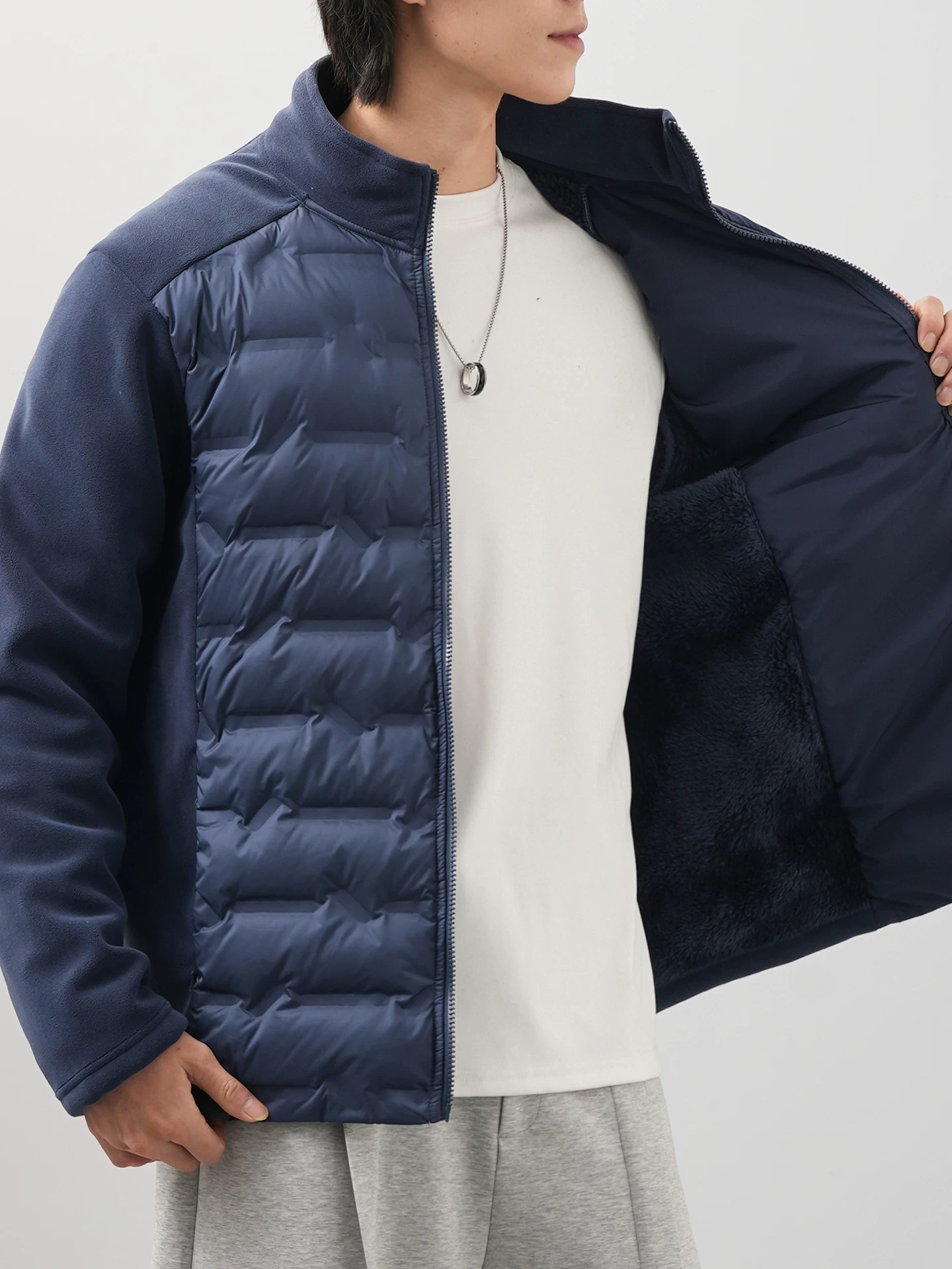 Áo khoác phao nhẹ OMZM90 màu trắng, chất liệu lông vũ, dành cho nam, mùa đông, phối lông cừu, dáng rộng, ấm áp, cổ đứng