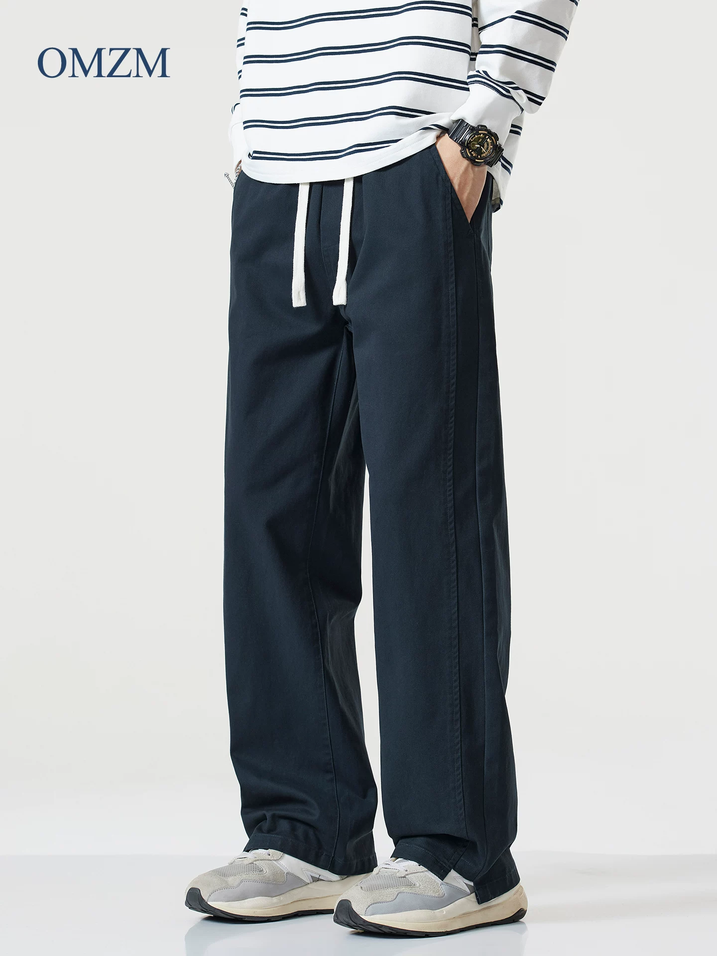 Quần cargo cotton nguyên chất hạng nặng OMZM dành cho nam, quần thường ngày dáng rộng phong cách retro Mỹ mùa thu, quần ống thẳng dáng rộng