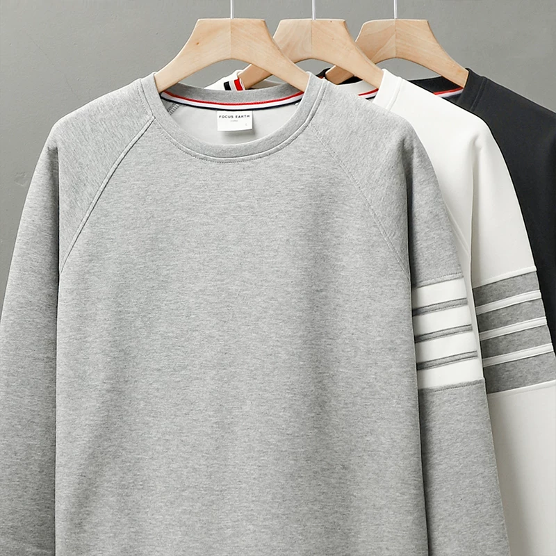 Áo len cổ tròn hạng nặng kiểu Mỹ của OMZM dành cho nam, áo chui đầu bốn sọc mùa đông, áo khoác thể thao thông thường bằng vải cotton pique