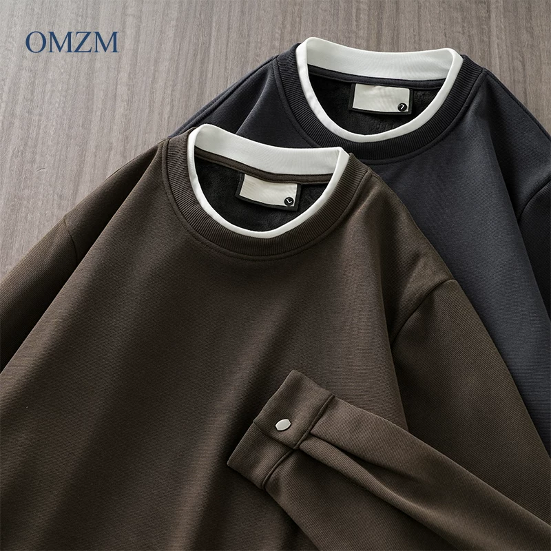 Áo nỉ nam OMZM dày dặn, lót lông, kiểu dáng hai lớp giả, mùa đông 2024, dày dặn, ấm áp, cổ tròn, áo lót