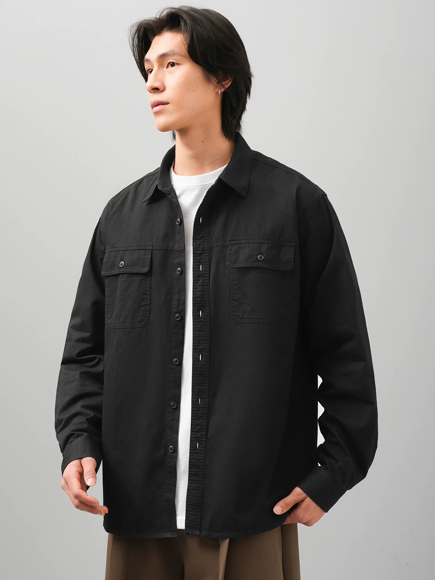 Áo sơ mi dài tay bằng cotton nguyên chất hạng nặng OMZM dành cho nam, áo sơ mi màu trơn có cổ cao cấp phong cách Mỹ mùa thu đông, áo khoác dáng rộng thông thường