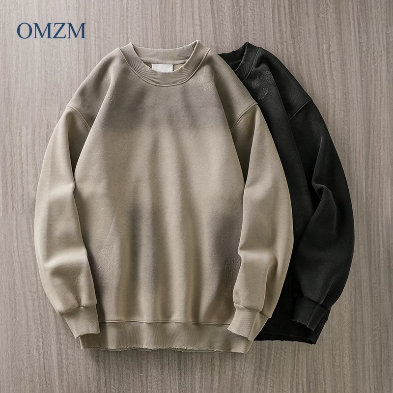 Áo nỉ hạng nặng OMZM500G dành cho nam, áo sơ mi cổ tròn dày dặn ấm áp mùa thu đông, áo khoác kiểu Mỹ cổ điển.