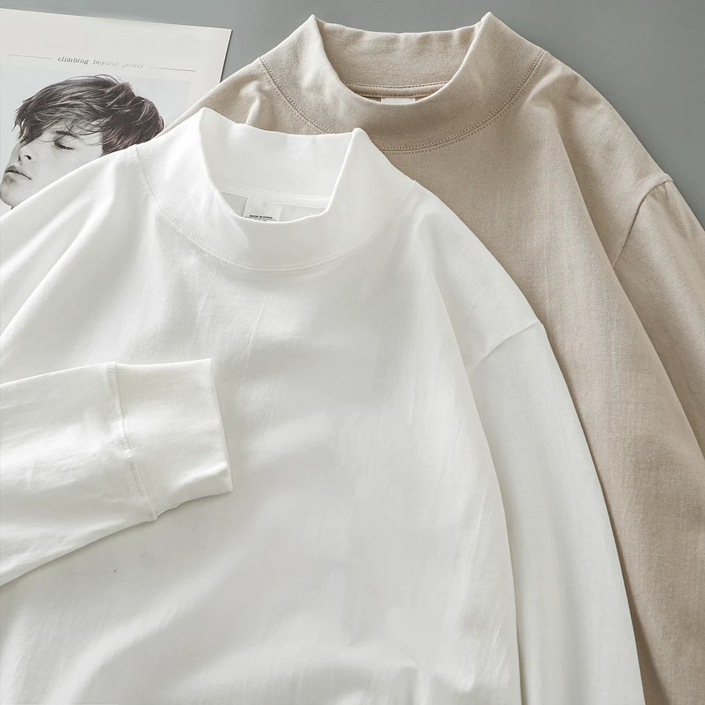 Áo thun nam tay dài cổ cao nửa cổ, chất liệu cotton nguyên chất 270G, áo lót màu trơn mùa thu, áo sweatshirt cổ trung bình rộng rãi cho nam.