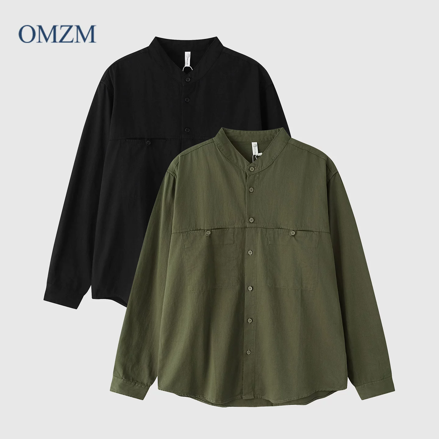 Áo sơ mi công sở cổ đứng bằng cotton nguyên chất OMZM dành cho nam, áo sơ mi dài tay màu trơn mùa xuân thu có túi đôi áo khoác