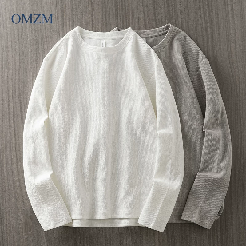 Áo thun dài tay hạng nặng 270G kiểu Mỹ OMZM dành cho nam, áo sơ mi trơn màu có họa tiết mùa xuân thu, áo nỉ cổ tròn dáng rộng