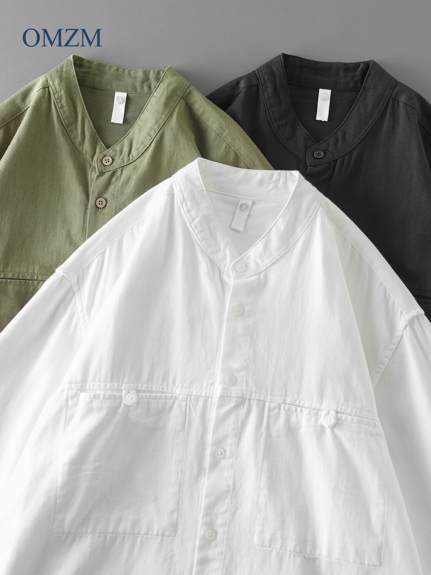 Áo sơ mi cổ đứng bằng cotton nguyên chất OMZM dành cho nam, phong cách xuân thu, áo sơ mi dài tay cổ đứng màu trơn có túi đôi áo khoác