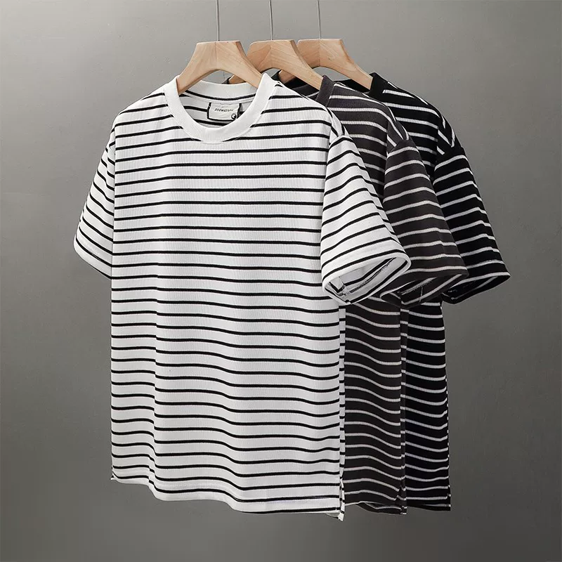 Áo thun ngắn tay sọc nặng 300g phong cách Mỹ OMZM dành cho nam, áo sơ mi thủy thủ cổ điển phối màu mùa hè, tay lửng cổ tròn rộng rãi