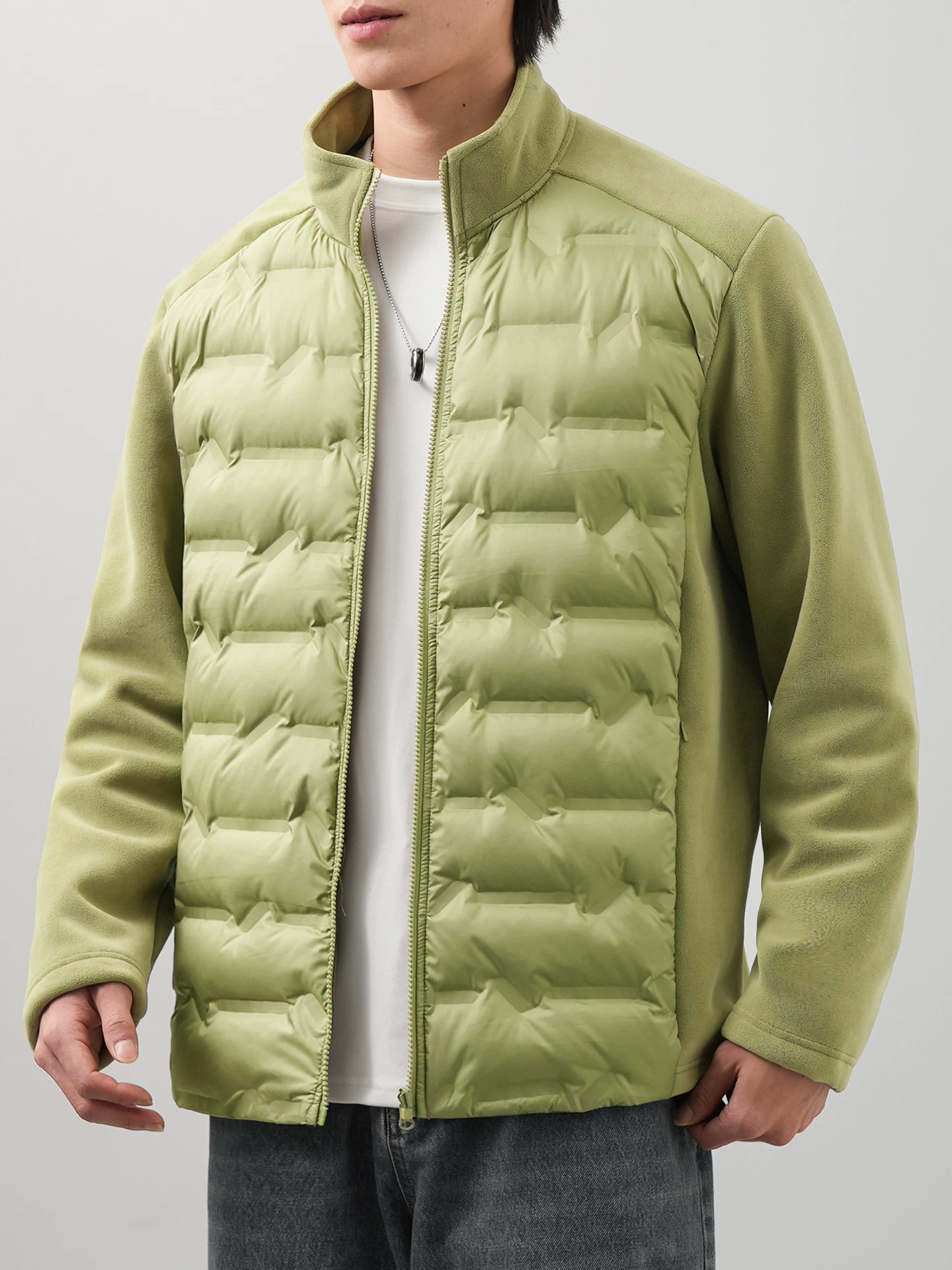 Áo khoác phao nhẹ OMZM90 màu trắng, chất liệu lông vũ, dành cho nam, mùa đông, phối lông cừu, dáng rộng, ấm áp, cổ đứng