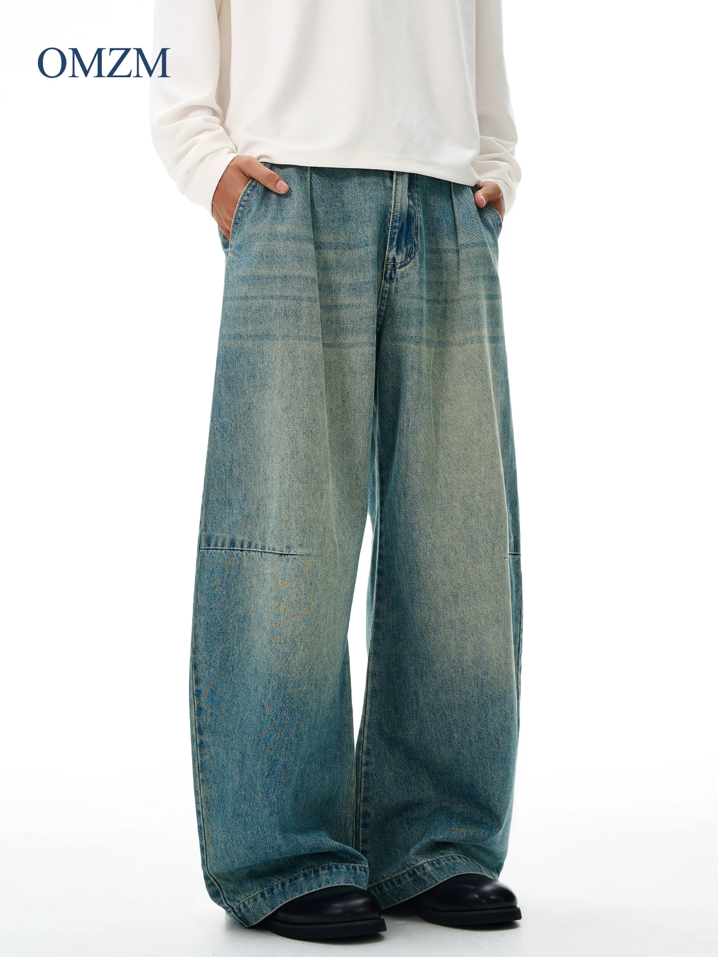 Quần jean cổ điển kiểu Mỹ OMZM dành cho nam, quần ống rộng dài đến sàn kiểu cổ điển mùa đông, quần ống rộng, quần lửng rộng.