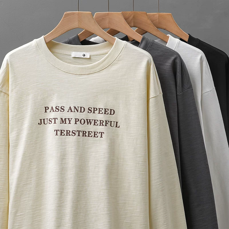 Áo thun dài tay chất liệu cotton tre dày 300G kiểu Mỹ dành cho nam, áo thun in chữ cổ điển mùa xuân thu, kiểu dáng rộng rãi