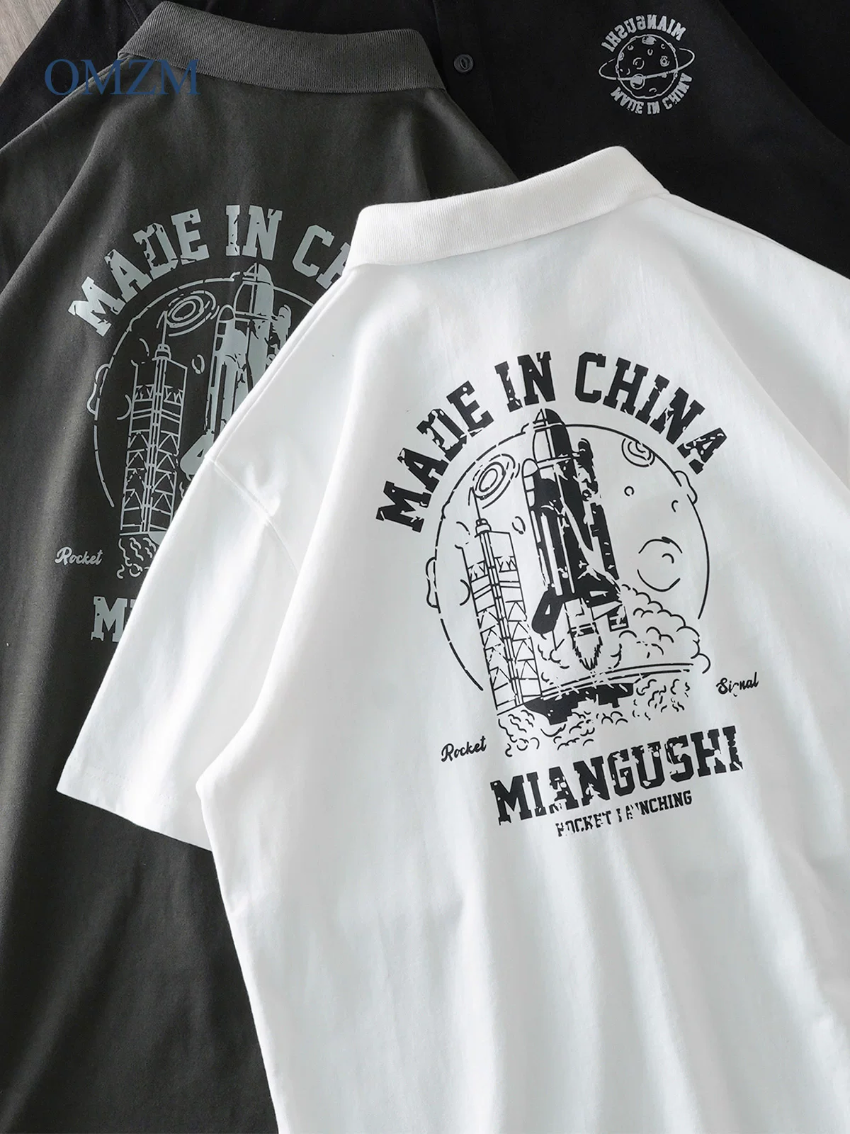 OMZM Áo sơ mi POLO ngắn tay bằng cotton nguyên chất hạng nặng 320G kiểu Mỹ dành cho nam, áo thun in hình tên lửa mùa hè, cổ áo lỏng lẻo nửa tay